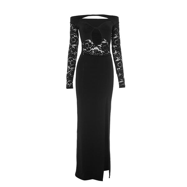 Long sleeve hollow out slit off shoulder lace maxi dress