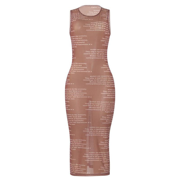 Crewneck sleeveless letter print mesh maxi dress