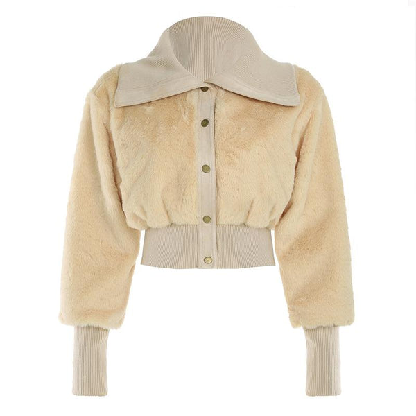 Turnover collar long sleeve button fluffy coat top