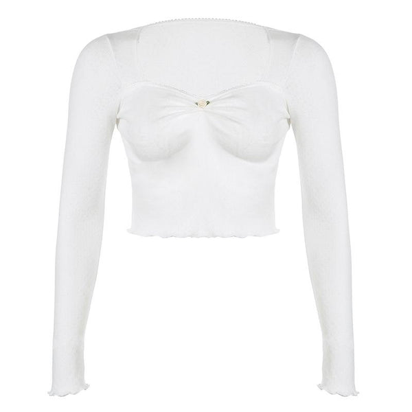 Long sleeve textured flower applique crop top