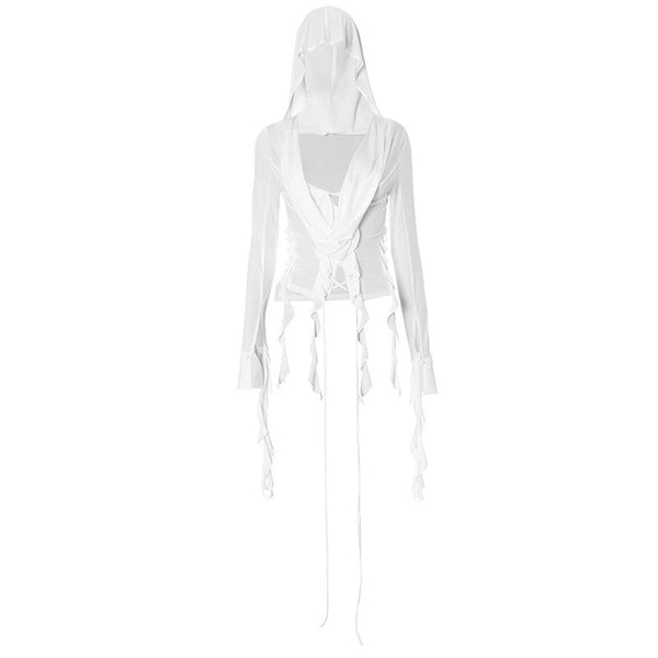 Hoodie long sleeve tassels self tie top