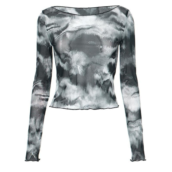 Long sleeve sheer mesh tie dye top