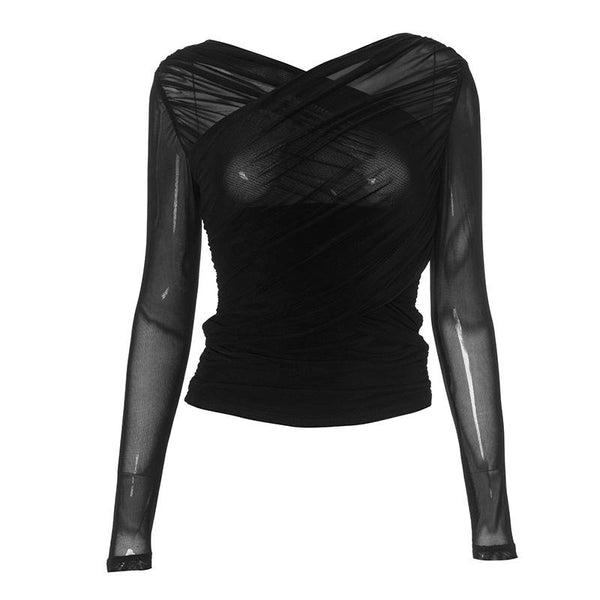 Ruched mesh long sleeve v neck solid top