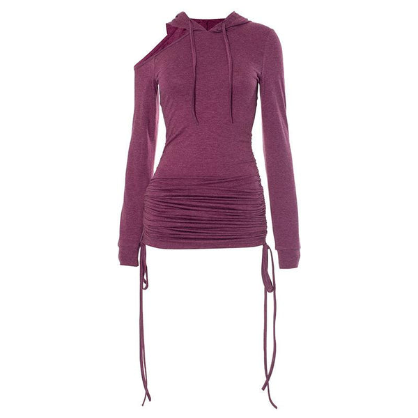 Hoodie long sleeve drawstring off shoulder mini dress