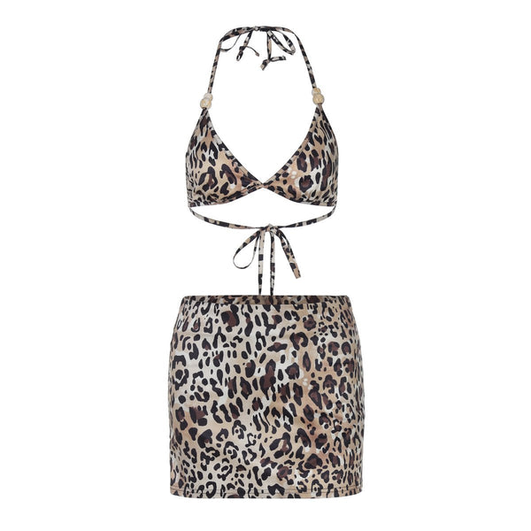 Halter self tie leopard print v neck mini skirt set