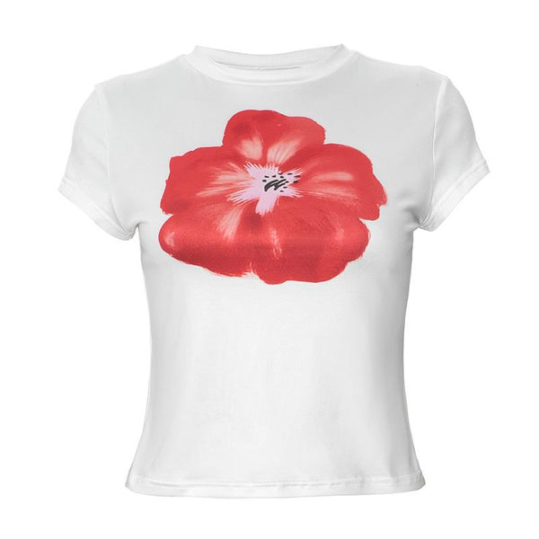 Crew neck short sleeve flower print top