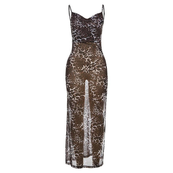 Sheer mesh leopard print slit cami maxi dress