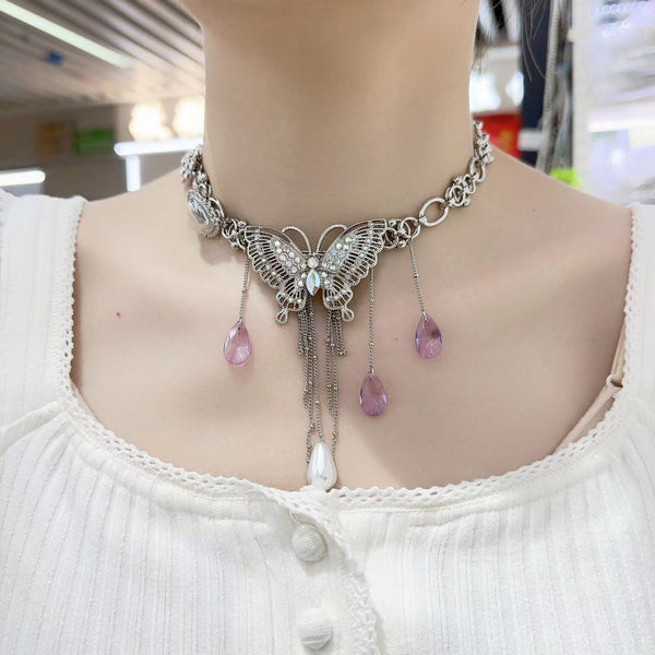 Collar de gargantilla con decoración de mariposa de 2 piezas de cristal púrpura