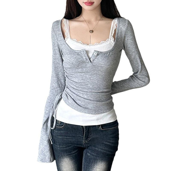 U neck long sleeve lace hem drawstring 2 piece top