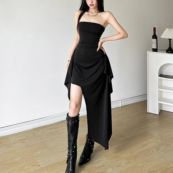 Irregular backless solid tube midi dress