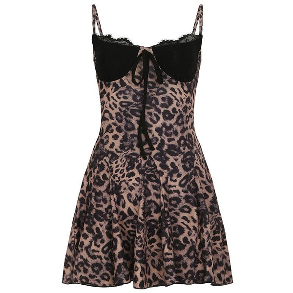 V neck lace hem leopard print cami mini dress