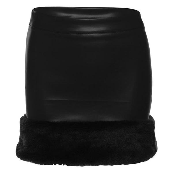 PU leather fluffy patchwork zip-up mini skirt