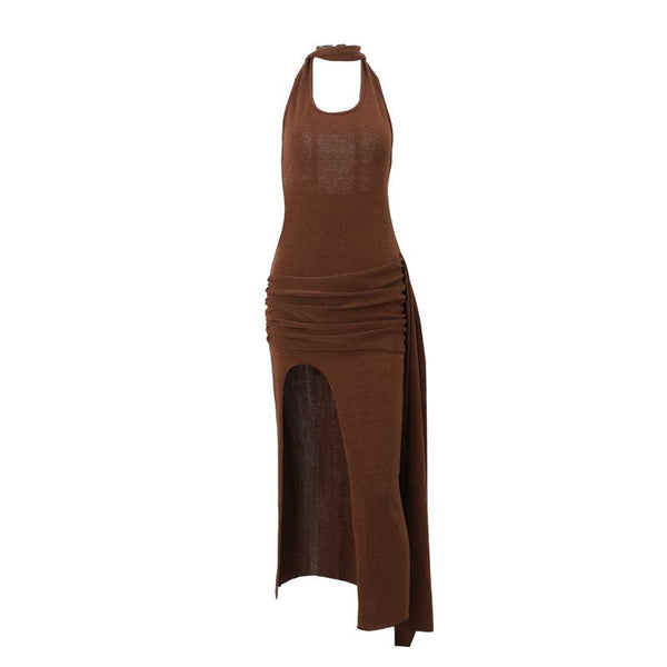 Halter slit irregular knitted ruched midi dress