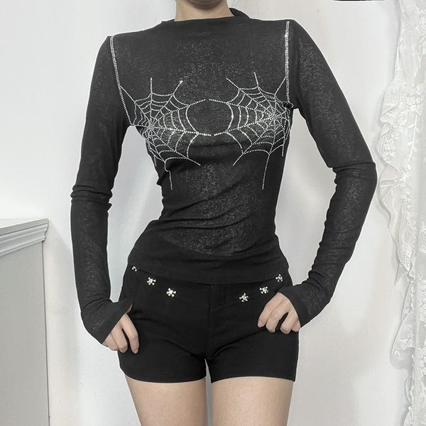 Long sleeve spider web beaded top