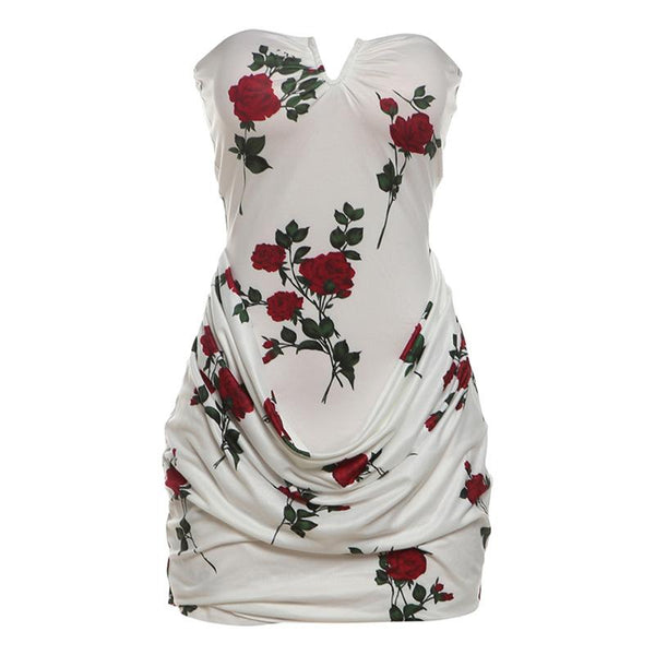 Ruched flower print tube mini dress