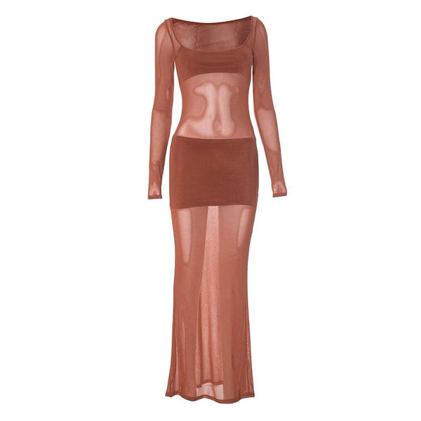 Long sleeve u neck mesh maxi dress