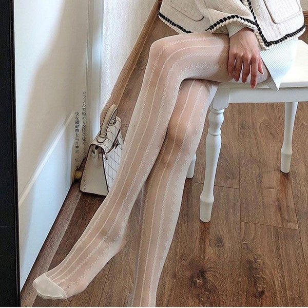 Lace vertical stripe sheer mesh tights