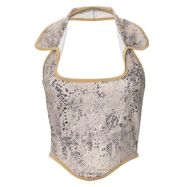 Turnover collar halter snakeskin print top