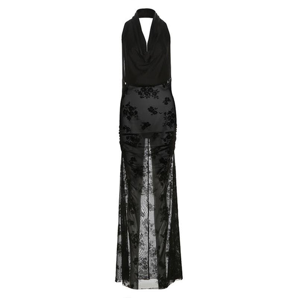 Cowl neck halter flower pattern mesh maxi dress