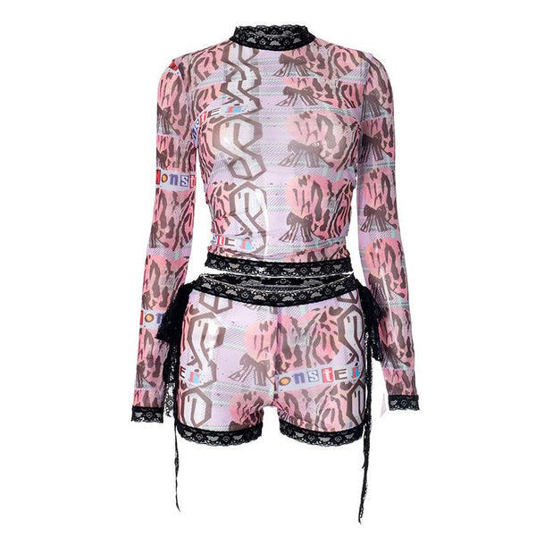 Long sleeve lace hem abstract print self tie short pant set