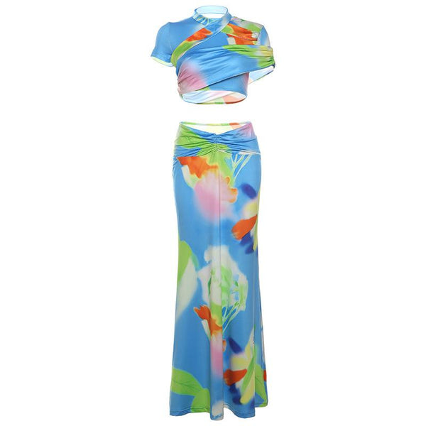 Short sleeve ruched contrast print maxi skirt set