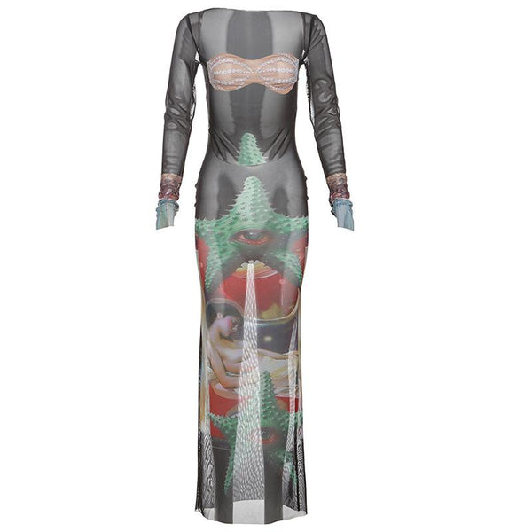 Long sleeve mesh hollow out print see through maxi dress