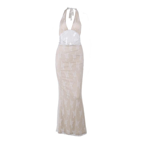 Halter v neck lace backless maxi dress