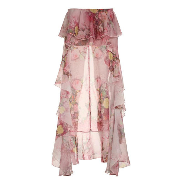 Chiffon flower print ruffle maxi skirt