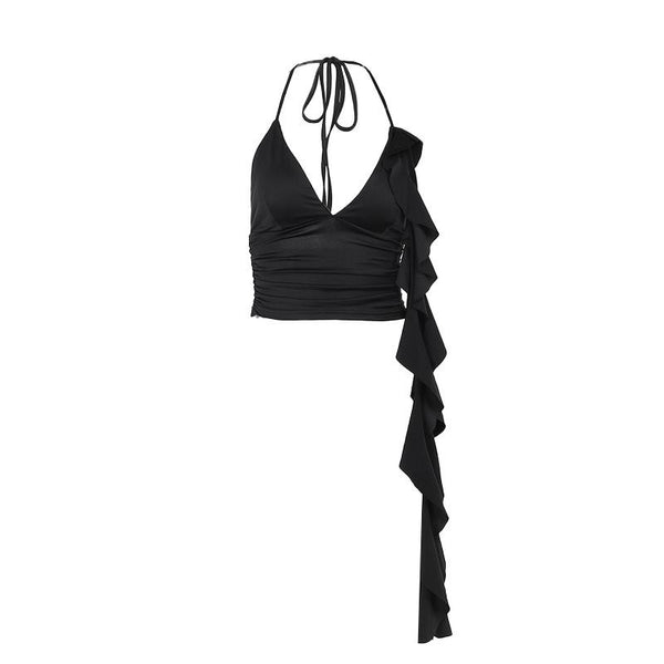 Halter v neck ruffle backless crop top