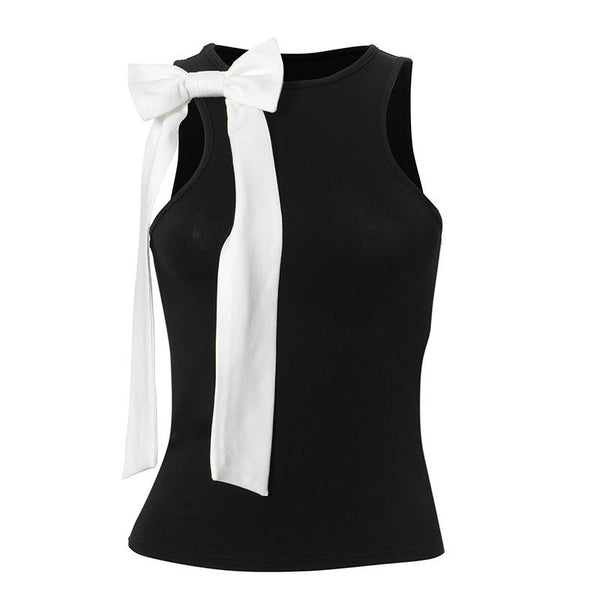 Crew neck bowknot applique tank top