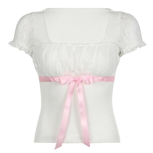 Short sleeve bowknot ribbon ribbed lace top