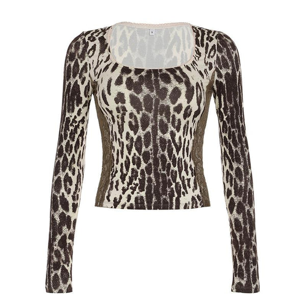 Leopard print long sleeve u neck lace hem top