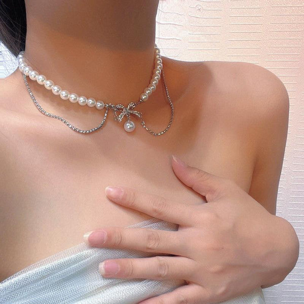 Faux pearl bowknot layered choker necklace