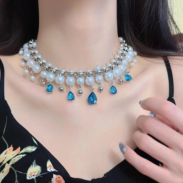 Faux pearl blue rhinestone choker necklace