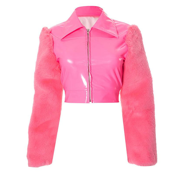 Zip-up long sleeve fluffy turnover collar crop top