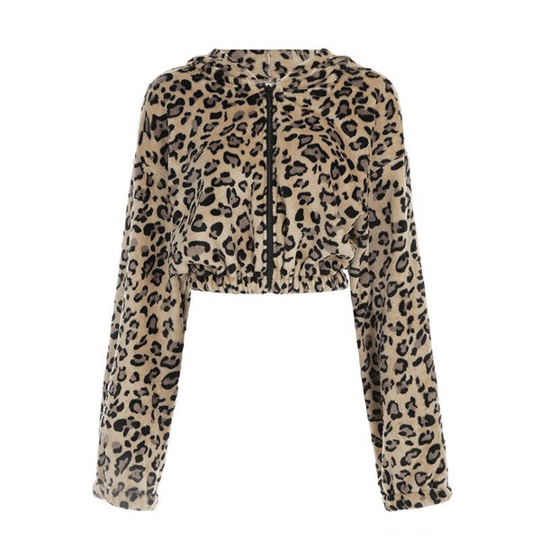 Hoodie long sleeve leopard print zip-up coat top