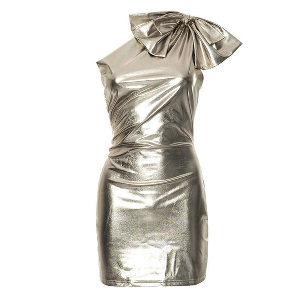 One shoulder bowknot metallic ruched mini dress