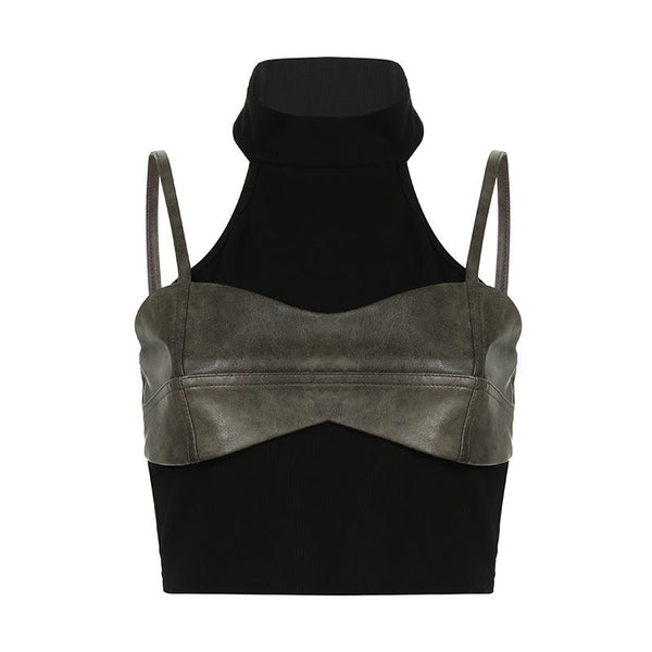 High neck off shoulder PU leather patchwork top