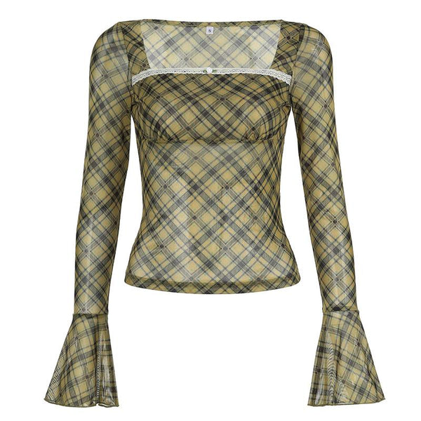 Long flared sleeve plaid print lace hem top