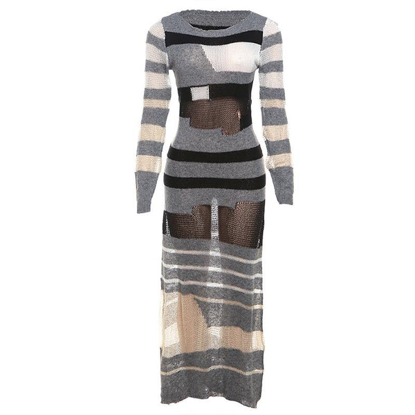 Crewneck long sleeve knitted striped print maxi dress