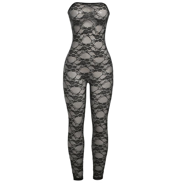 Lace see through solid tube jumpsuit