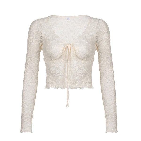 Long sleeve drawstring ruched lace ruffle top