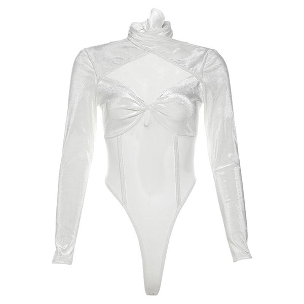 Velvet mesh patchwork long sleeve self tie bodysuit