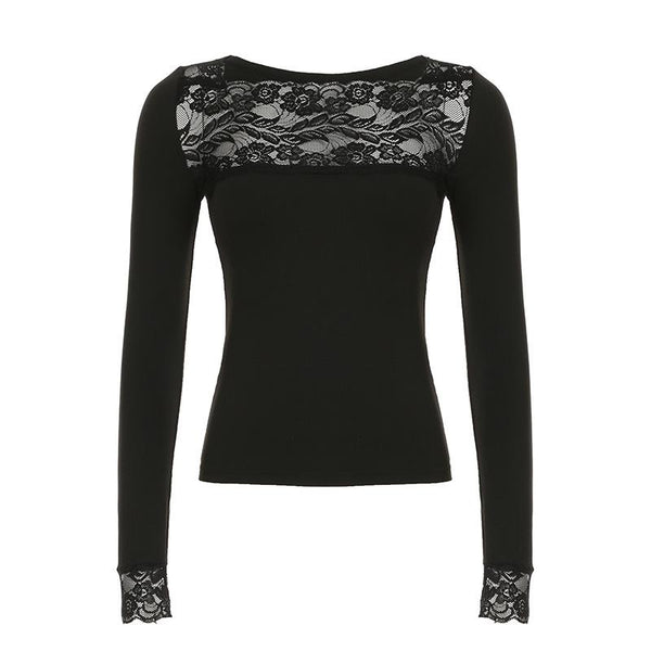 Long sleeve lace hem square neck solid top