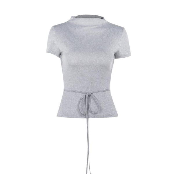 Short sleeve crewneck self tie backless top