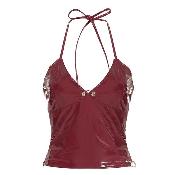 Halter v neck zip-up PU leather top