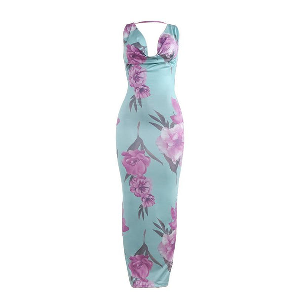 Halter cowl neck print slit backless maxi dress