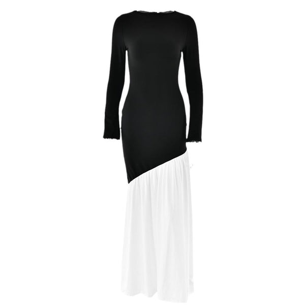 Long sleeve irregular crewneck ruched slit maxi dress