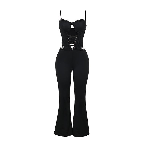 Hollow out lace hem v neck corset cami jumpsuit