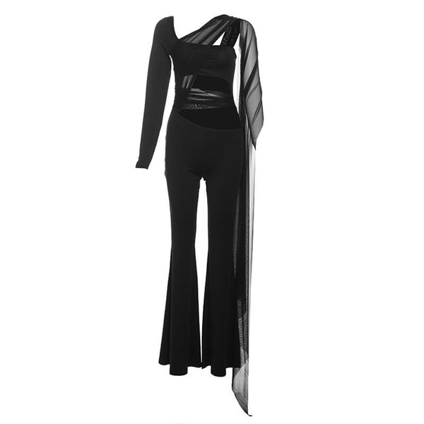 Long sleeve mesh patchwork hollow out jumpsuit